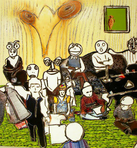 Illustration of human-like creatures sitting in a living room doing various activities.
